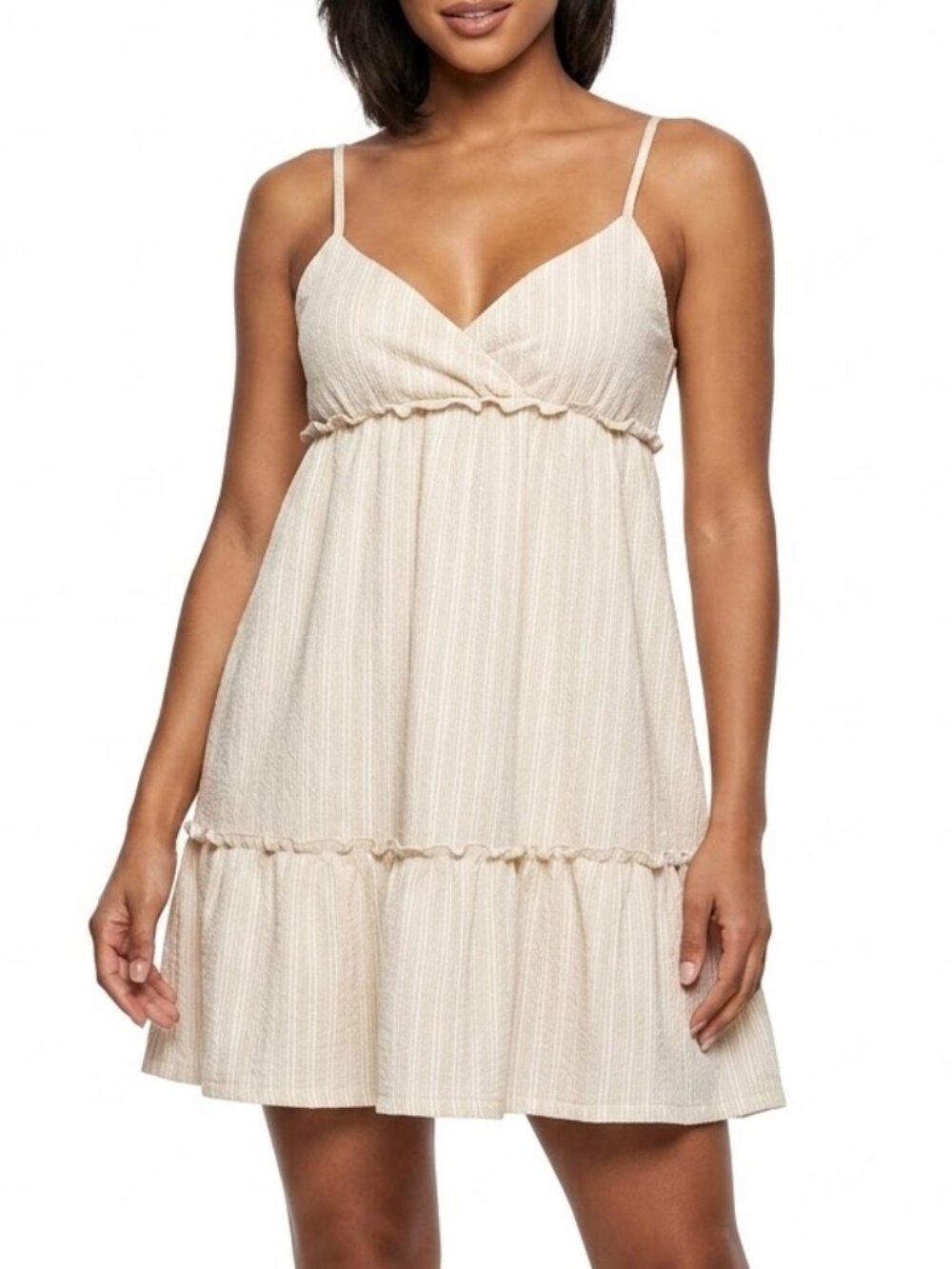 H&M Cottagecore Beige Striped Babydoll Tiered Ruffle Cami Mini Dress XS
